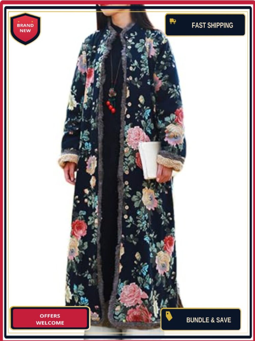 Women's Floral Long Trench Coat Fleece Lined Warm Winter Jacket Button Overcoat